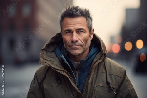 Portrait of handsome mature man in the city at winter day.