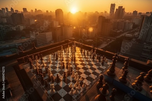 A modern city serves as backdrop for a chess king's showdown between good and bad during golden hour. Generative AI