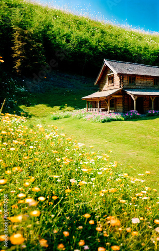 A small wooden house. Desolate residential building in nature. Generative AI.