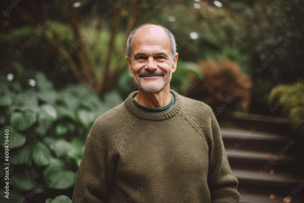 Portrait of a smiling senior man standing in a garden, looking at camera.