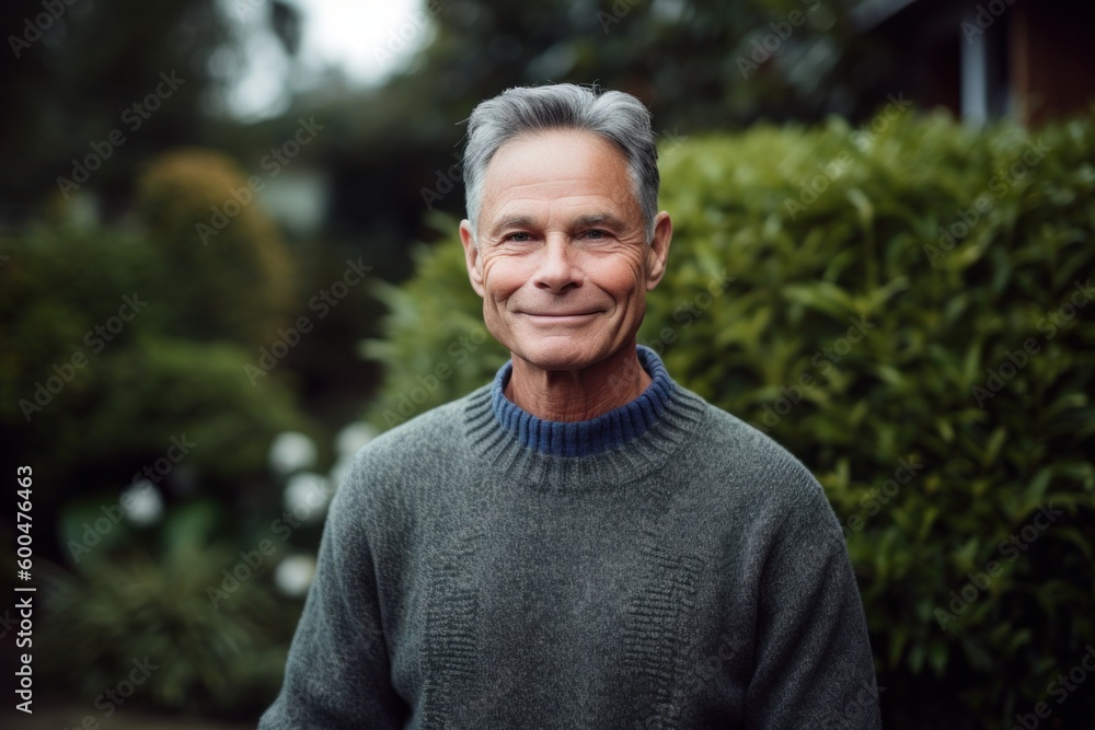Portrait of smiling senior man standing in garden, looking at camera Portrait of smiling senior man standing in garden, looking at camera