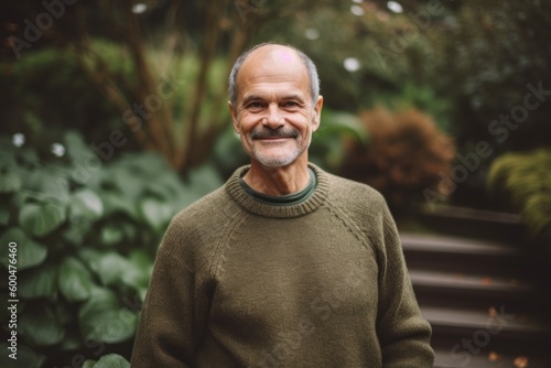 Portrait of a smiling senior man standing in a garden, looking at camera.