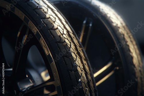 Futuristic tire made of carbon and gold fillets for Abu Dhabi car. Generative AI