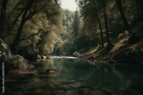 Forest scenery with trees and water. Generative AI