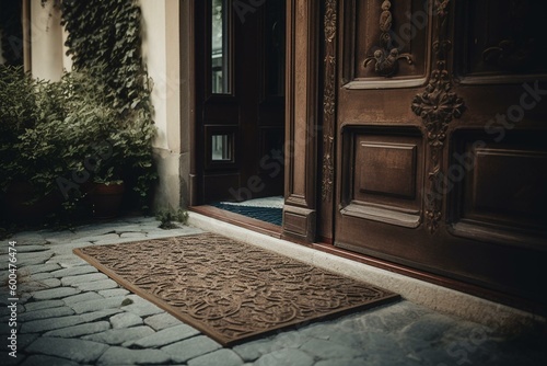 Home doormat near outdoor entrance. Generative AI