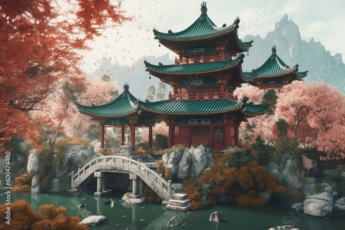 Watercolor landscape with Chinese and Japanese inspired design. Generative AI