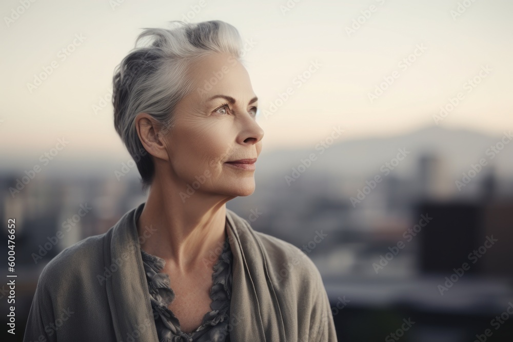 Portrait of a beautiful mature woman with grey hair and gray eyes