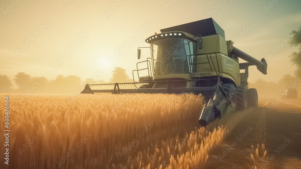 Naklejka premium Harvester machine to harvest wheat field working. Harvest time. Harvester at work in summer sun.
