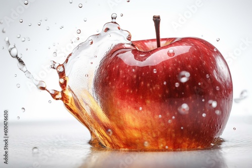 Leinwand Poster A crisp red apple with splashing apple cider vinegar or juice, isolated on white