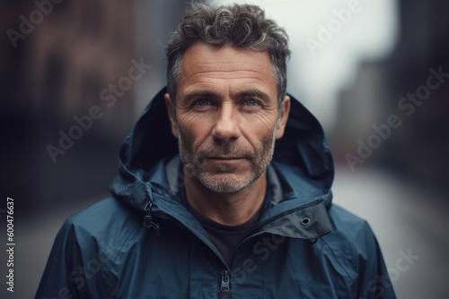 Portrait of handsome middle-aged man in a raincoat.