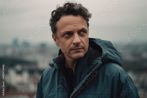 Portrait of handsome middle-aged man in blue jacket looking at camera outdoors