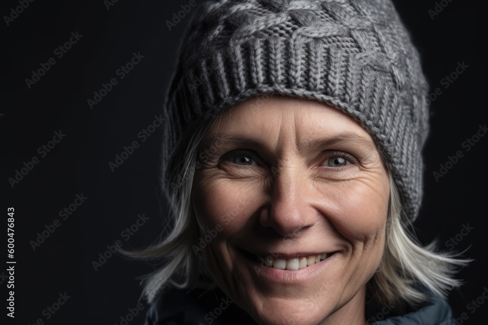 Portrait of a smiling senior woman in a knitted hat. Portrait of a smiling senior woman in a knitted hat.
