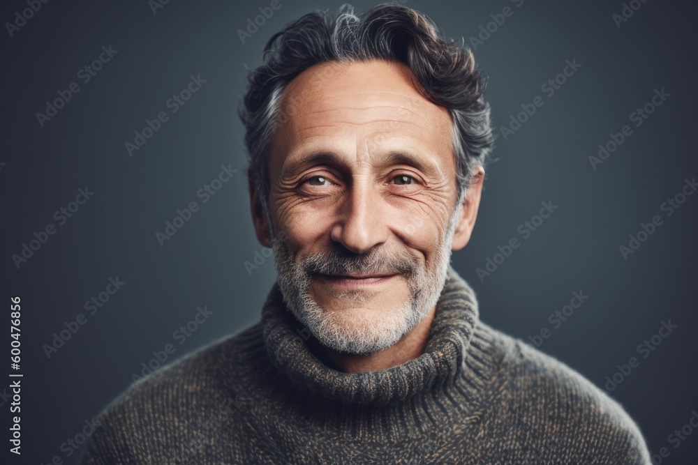 Portrait of a handsome mature man in a warm sweater on a gray background. Portrait of a handsome mature man in a warm sweater on a gray background.