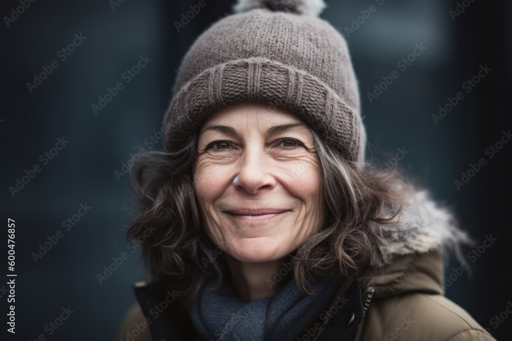 Portrait of mature woman in warm clothes looking at camera with smile Portrait of mature woman in warm clothes looking at camera with smile