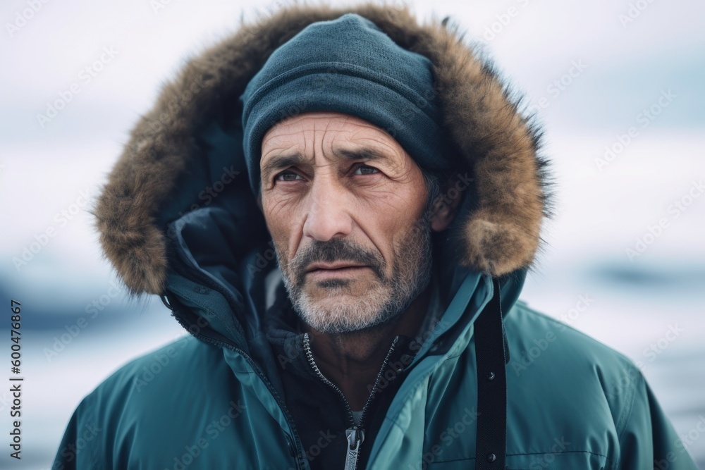 Portrait of a senior man in a winter jacket on the beach Portrait of a senior man in a winter jacket on the beach