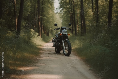 A motorbike on a road through a countryside forest. Generative AI