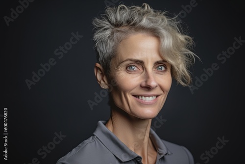 Portrait of a beautiful middle-aged woman with short gray hair on a dark background