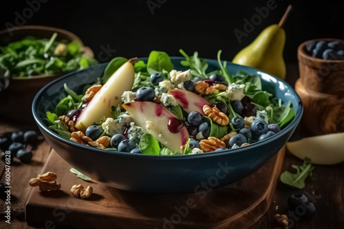 Gourmet salad with sweet pears, blueberries, roquefort cheese, smoked pork, arugula and walnuts. 