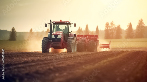Modern tractor working on the farm, a modern agricultural transport tillage in spring, preparation for sowing in the field under sunset light.
 photo