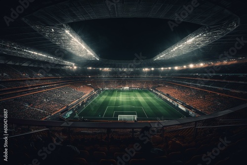 Vibrant nighttime view of a contemporary stadium with elated spectators in seats. Generative AI