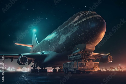 Futuristic giant cargo plane against night sky. Generative AI