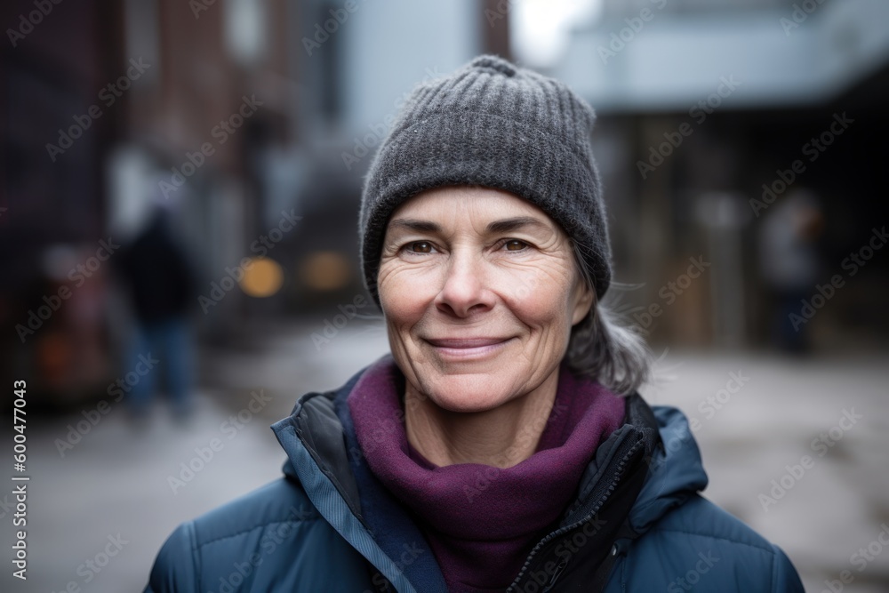 Portrait of smiling middle aged woman in winter jacket and hat standing outdoors Portrait of smiling middle aged woman in winter jacket and hat standing outdoors