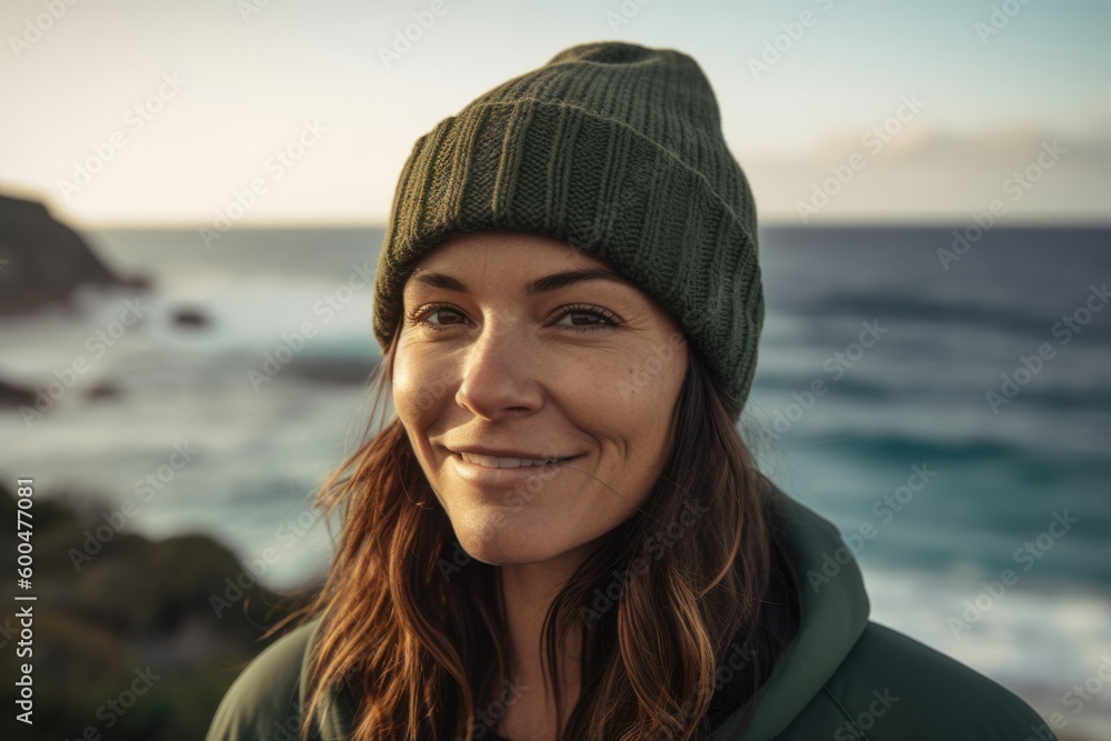 Portrait of smiling woman in green coat and hat on the beach at sunset