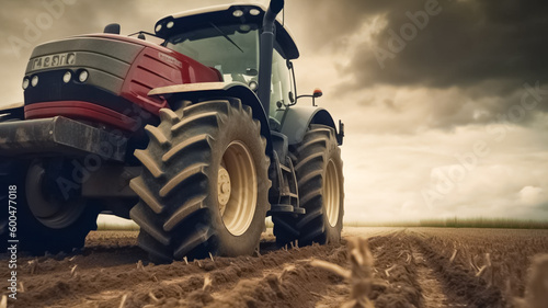 Modern tractor in the spring field work. generative ai 