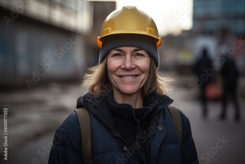 Portrait of mature female worker in hardhat smiling at camera outdoors