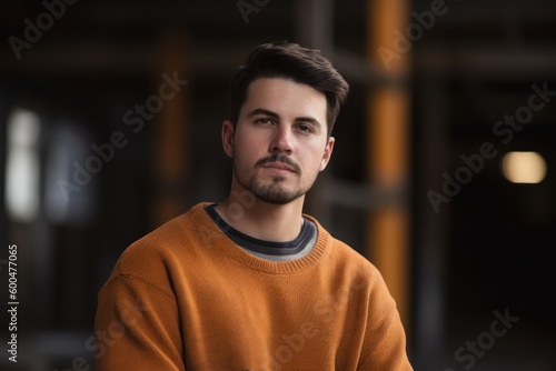 Portrait of a handsome young man in an orange sweater looking at the camera
