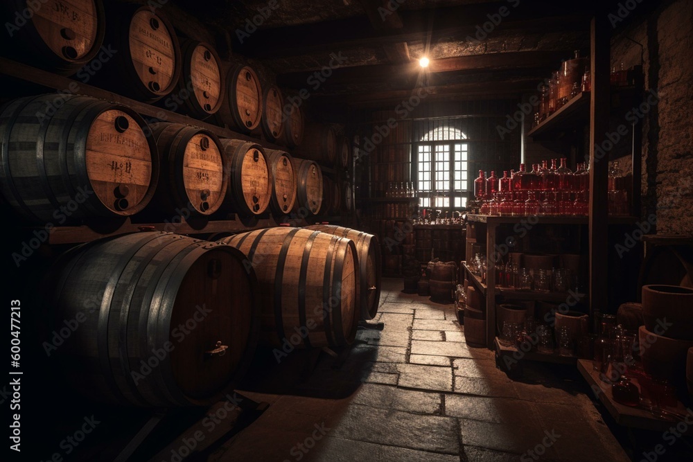 Wine/whisky cellar filled with barrels and bottles. Generative AI