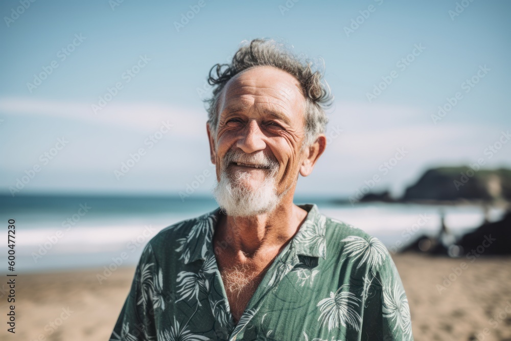 Portrait of happy senior man standing at beach on a sunny day