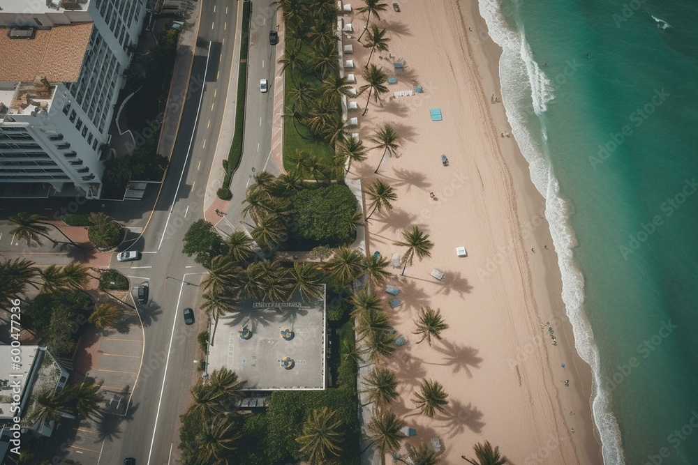 Bird's eye view of Fort Lauderdale coast with palm tree-lined promenade. Generative AI