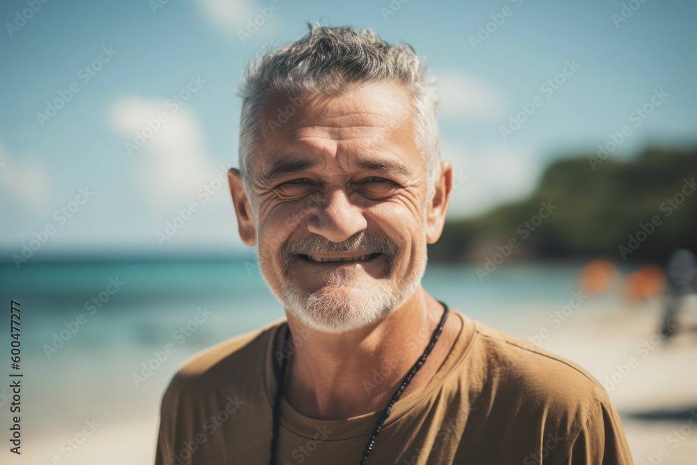 Portrait of happy senior man standing on beach and looking at camera Portrait of happy senior man standing on beach and looking at camera
