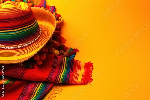 Cinco de Mayo holiday background made from maracas  mexican blanket stripes or poncho serape and hat on yellow background. generative Ai