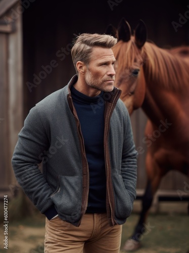 Portrait of a handsome young man standing with his hands in his pockets and looking away while standing next to his horse