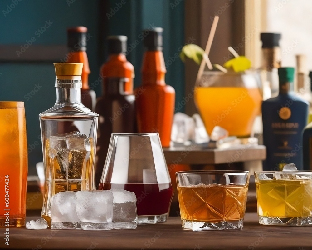 A cocktail shaker filled with a variety of liquors A cocktail shaker filled with a variety of liquors