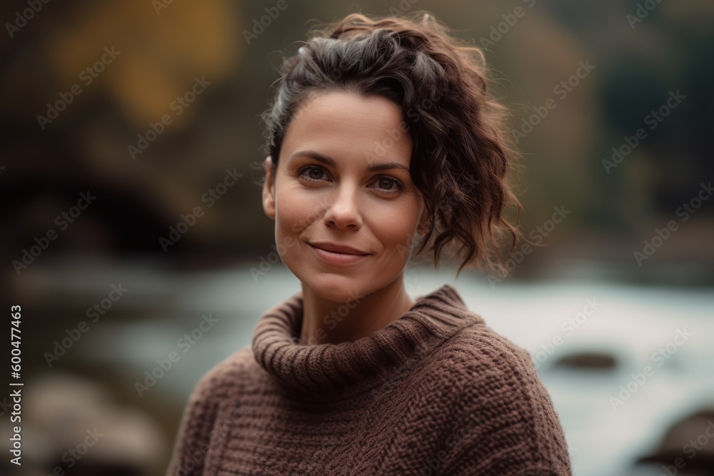 Portrait of a young beautiful woman in brown sweater on the beach Portrait of a young beautiful woman in brown sweater on the beach
