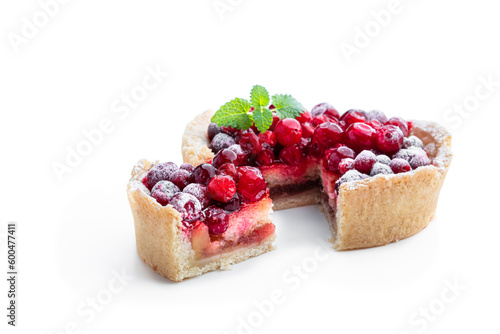 Tasty homemade cranberry pie isolated on white