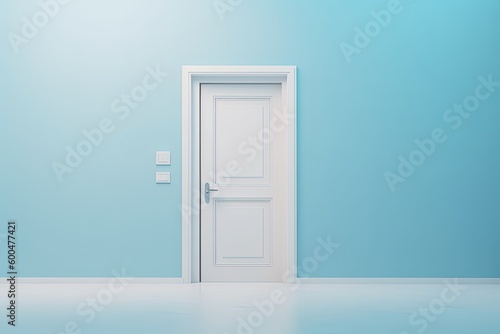 Closed door white on bright pastel blue wall background, banner, copy space. Generative AI