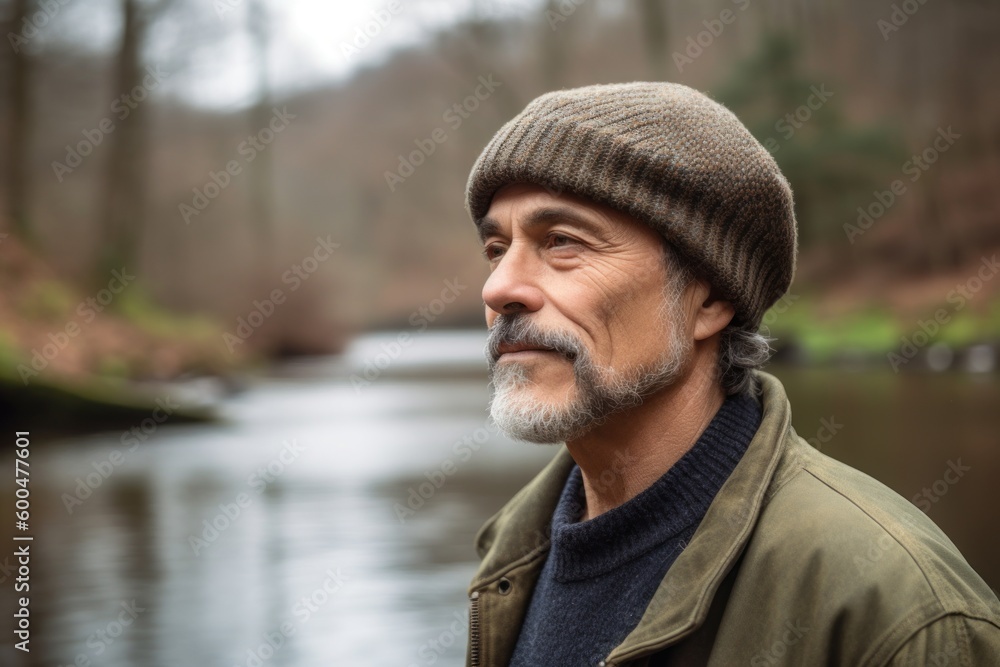 Portrait of a senior man in a hat standing by a river Portrait of a senior man in a hat standing by a river