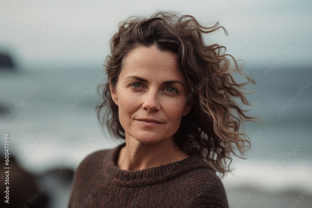 Portrait of mature woman with curly hair looking at camera on beach Portrait of mature woman with curly hair looking at camera on beach