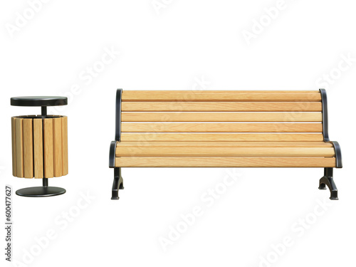 Fototapeta Naklejka Na Ścianę i Meble -  Park bench and trash can 3d rendering