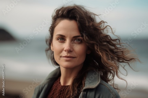 Portrait of a beautiful young woman with curly hair on the beach