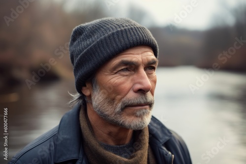 Portrait of a senior man in a cap on the river bank