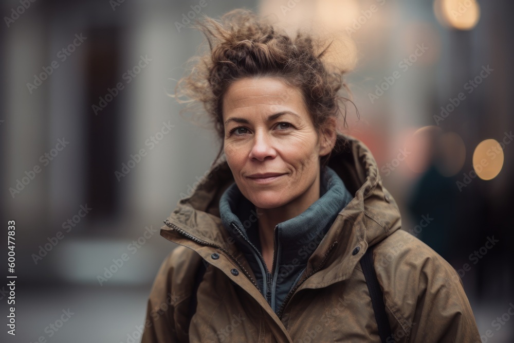 Obraz premium Portrait of a beautiful middle-aged woman with curly hair in the city