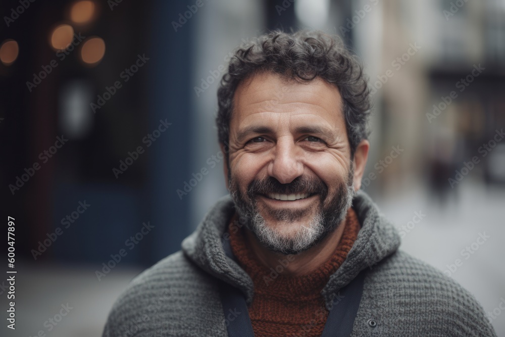 Portrait of a smiling middle-aged man with beard in the city. Portrait of a smiling middle-aged man with beard in the city.