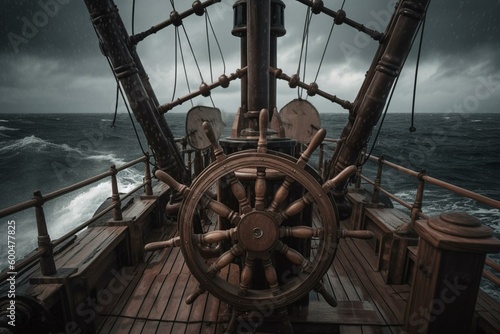 Deck view from behind the ship's wheel on old pirate ship in open sea with grey clouds. 3D rendering. Generative AI