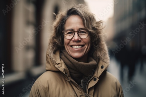 Portrait of smiling middle-aged woman with eyeglasses in the city