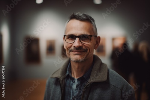 Canvastavla Medium shot portrait photography of a grinning man in his 40s wearing a cozy sweater against an art gallery or museum background